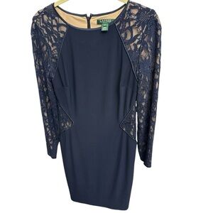 Ralph Lauren Sz 10 Navy Blue Sequined Lace Sleeve/ Waist Cutout Cocktail Dress